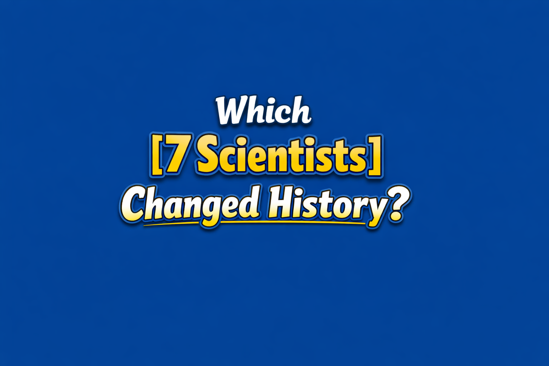 Illustration of iconic inventions by famous scientists including Einstein, Curie, Newton, and Edison, highlighting transformative breakthroughs