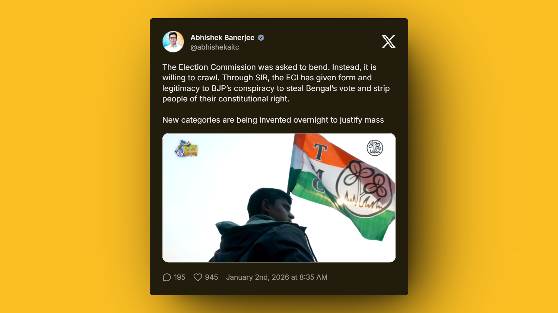 TMC flag and Abar Jitbe Bangla slogan during West Bengal voter rights protest