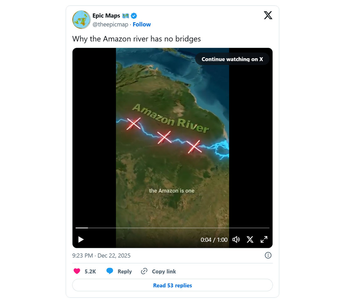 Wide Amazon River showing natural floodplain without any bridges.