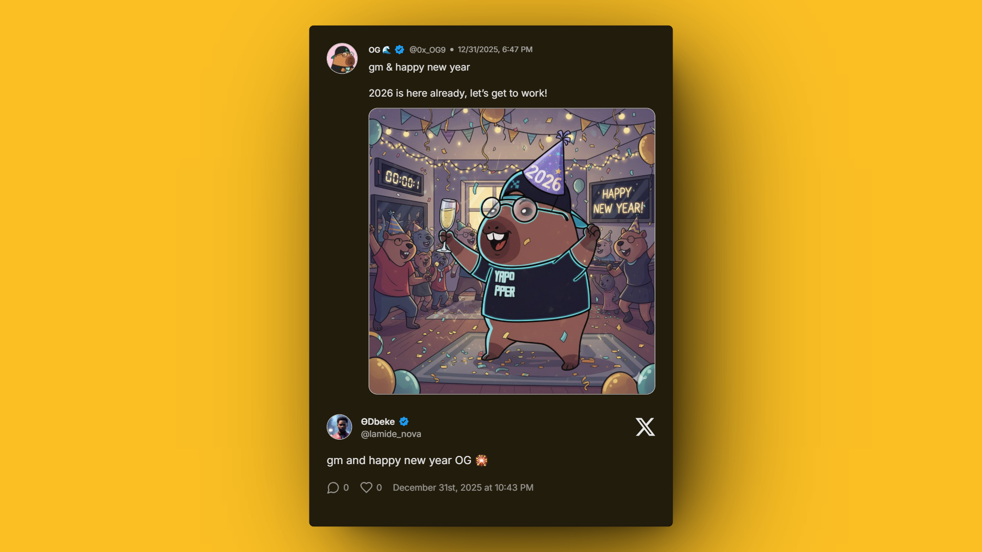 Web3 enthusiasts celebrating 2026 with positive messages on X.