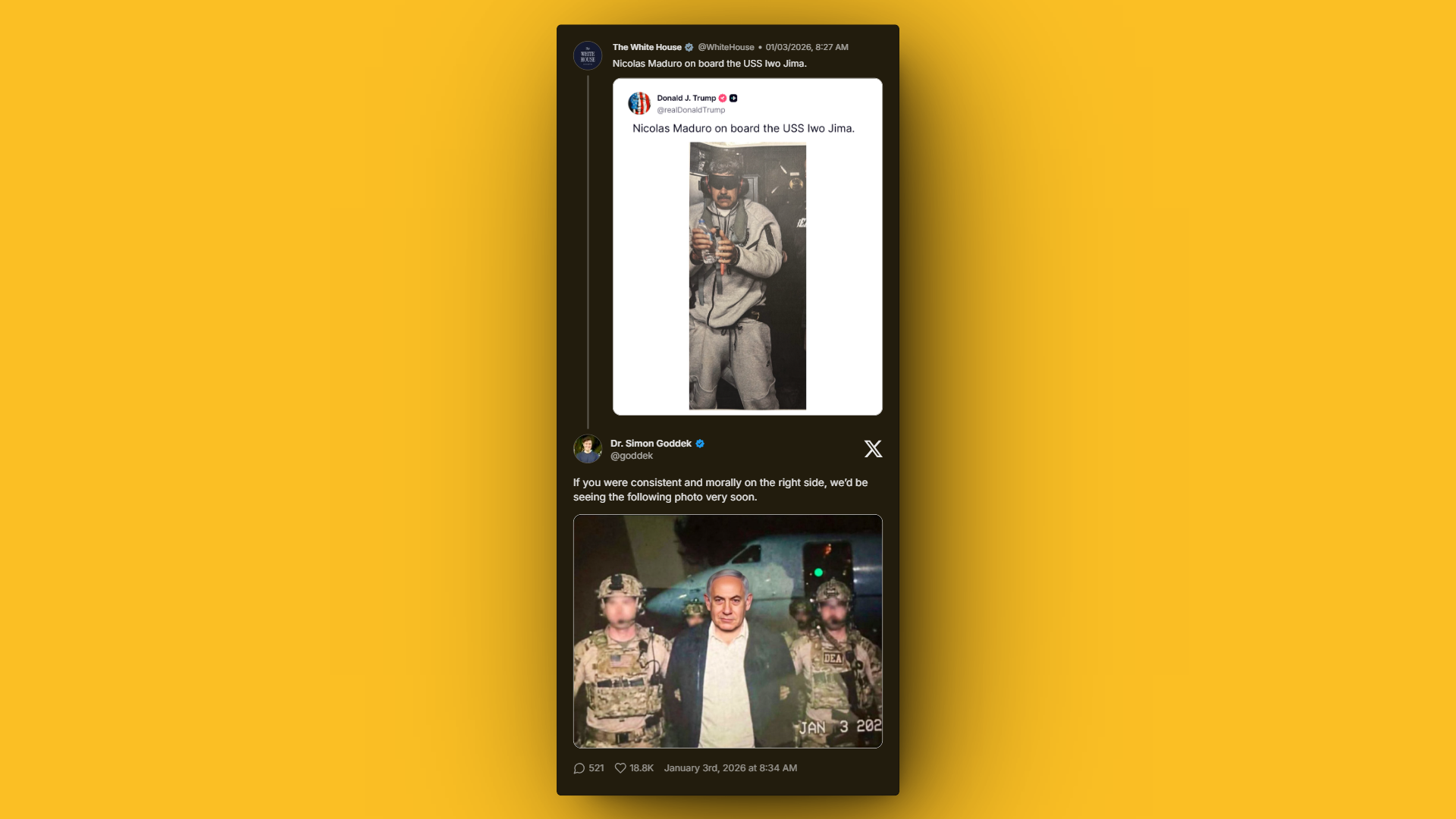 Satirical geopolitical commentary on U.S. foreign policy and consistency