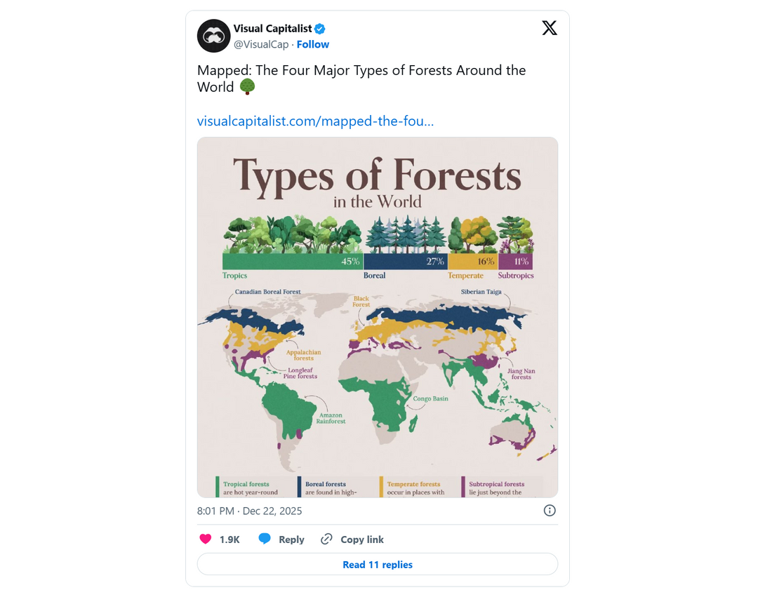 Global forest types visualized by climate zones and regions