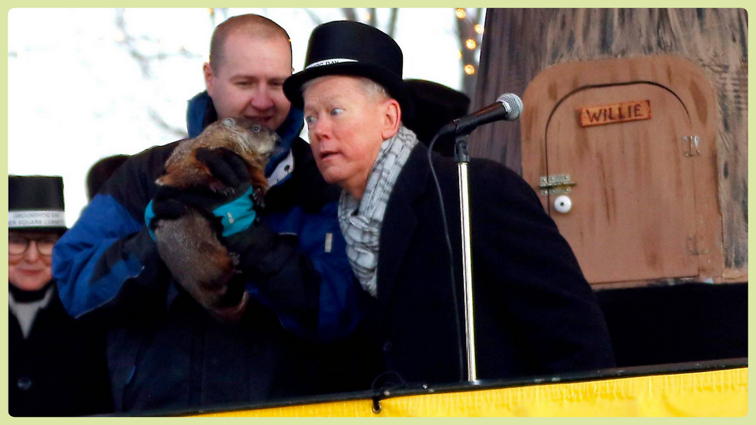 Crowd watching groundhog weather tradition on cold morning