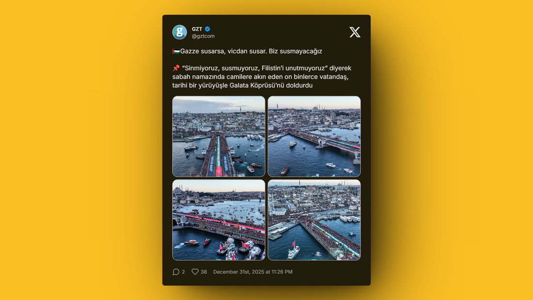 Galata Bridge crowded with protesters supporting Gaza, banners reading “Justice For Gaza.”