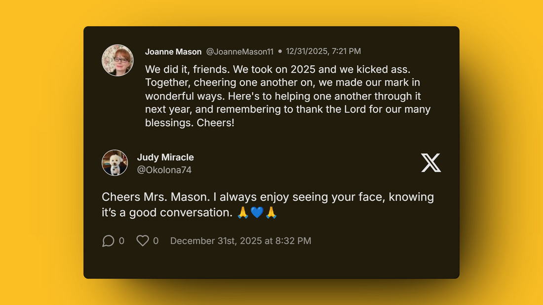 Heartwarming tweet exchange between Judy Miracle and Joanne Mason celebrating 2026