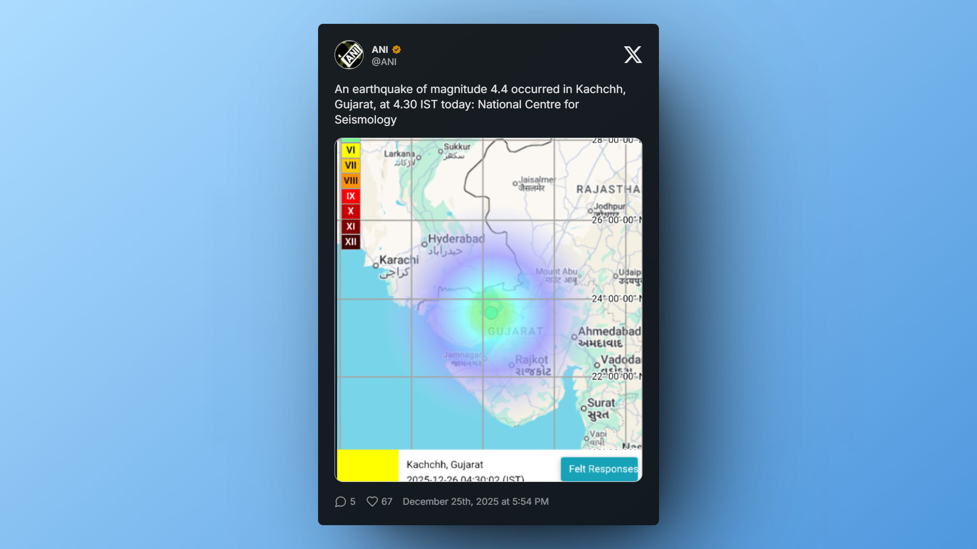 Seismic map of Kachchh, Gujarat highlighting earthquake epicenter and surrounding affected areas.