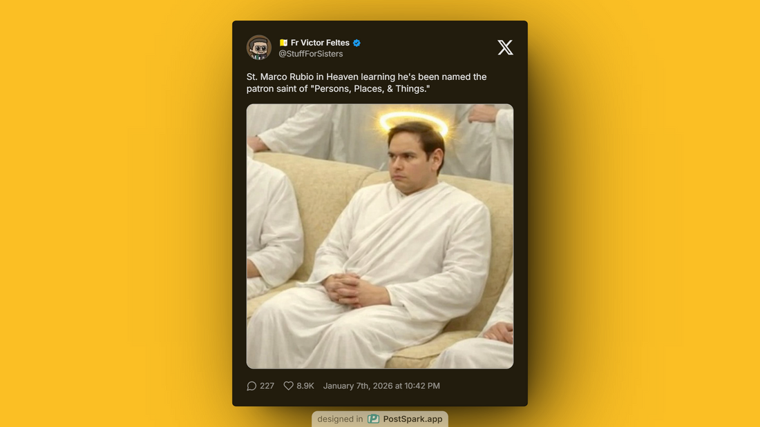 Humorous political meme portraying Rubio in heaven reacting to broad patronage