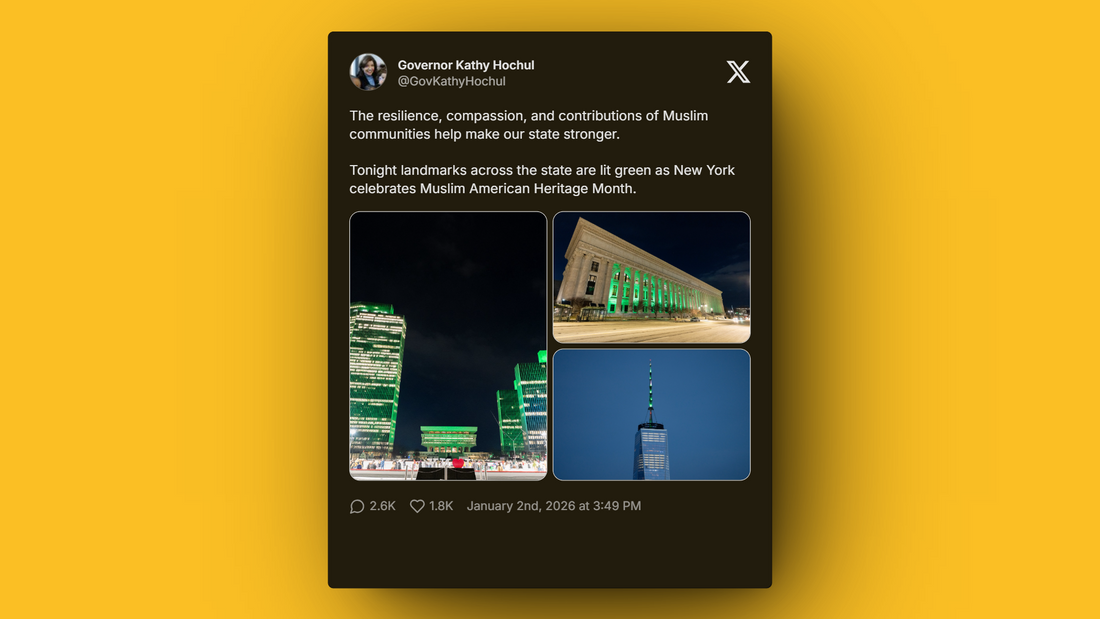 New York state landmarks lit green celebrating Muslim communities