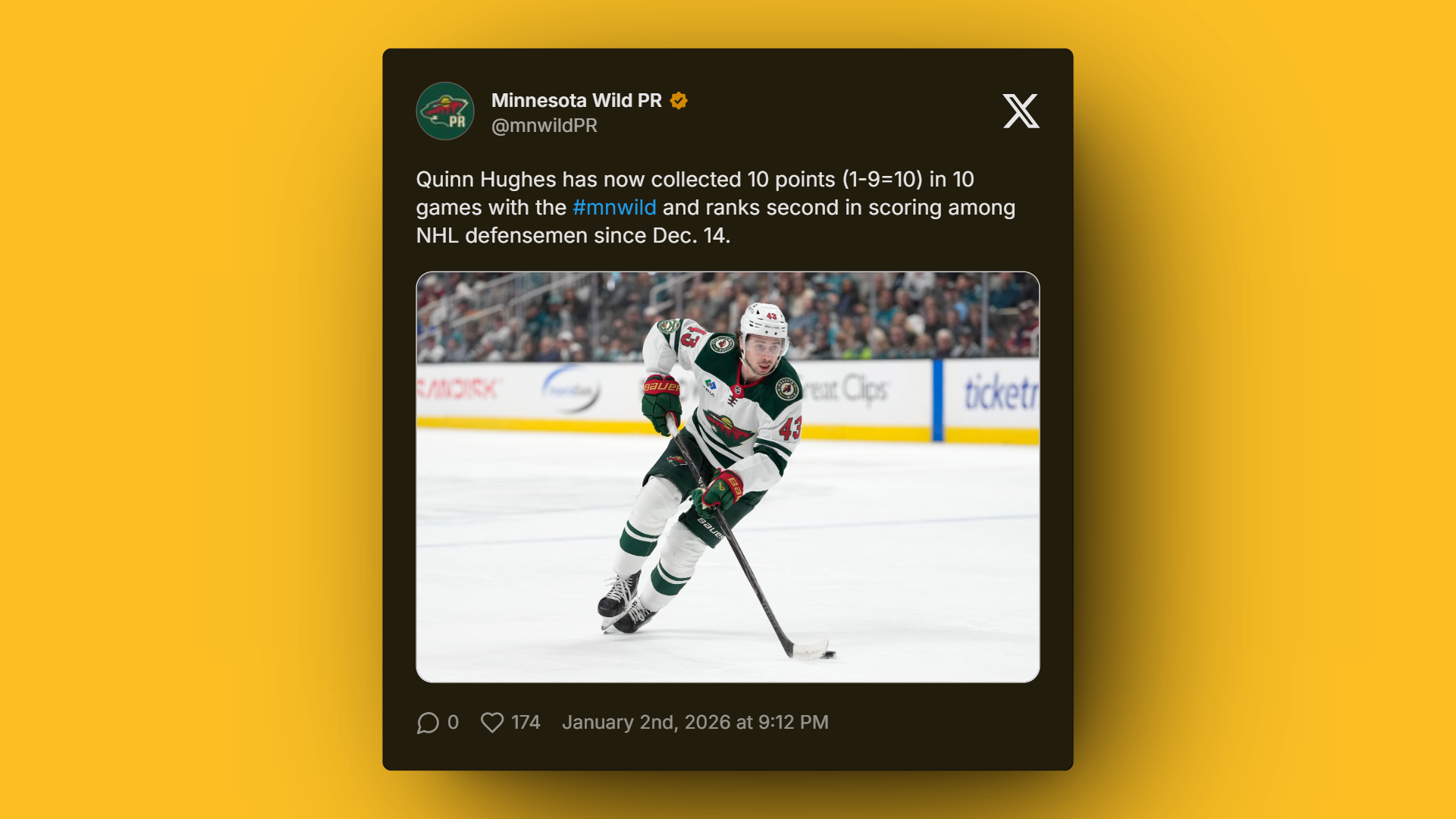 NHL defenseman Quinn Hughes makes a play for the Minnesota Wild against the San Jose Sharks.