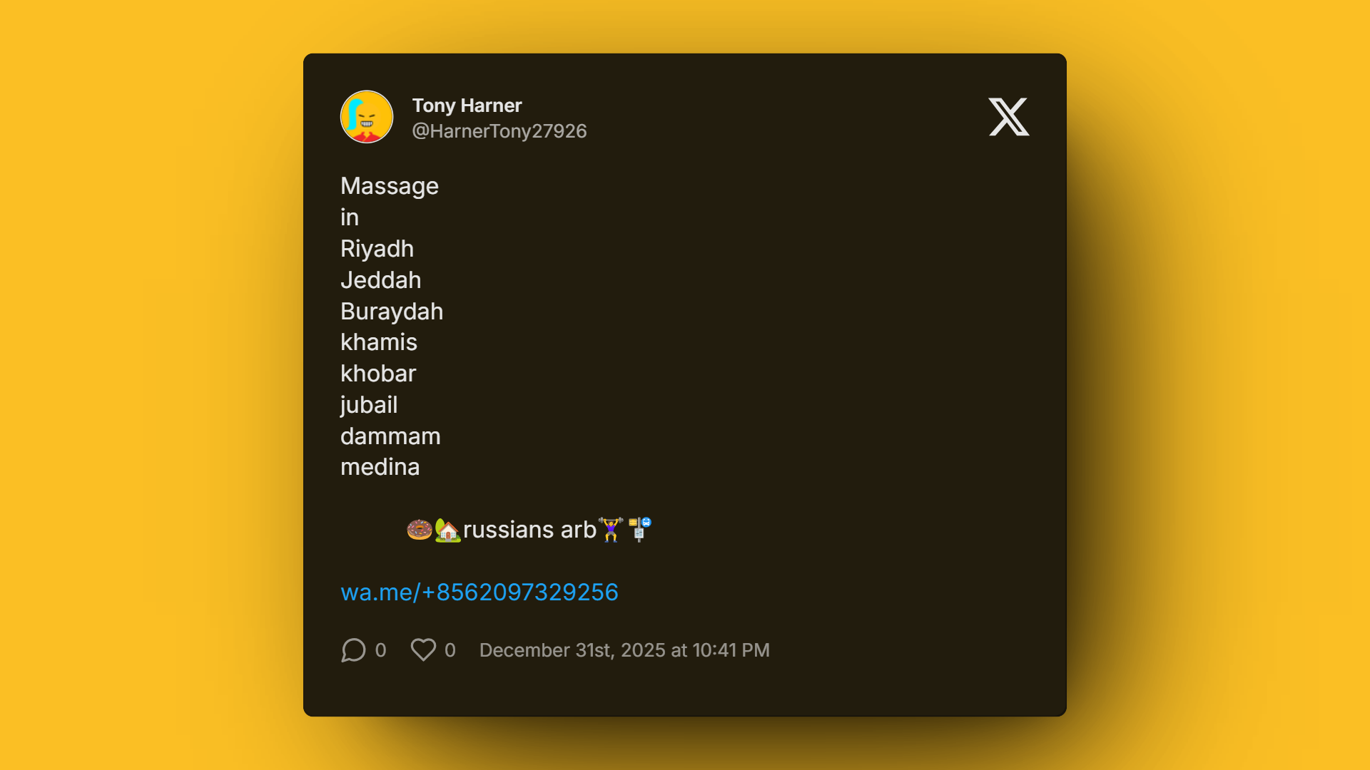 Tony Harner’s tweet promoting massage options in Riyadh, Jeddah, Dammam, Medina, and other Saudi cities.