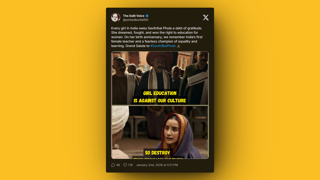 Viral tweet image highlighting cultural resistance to women education and Savitribai Phule’s legacy