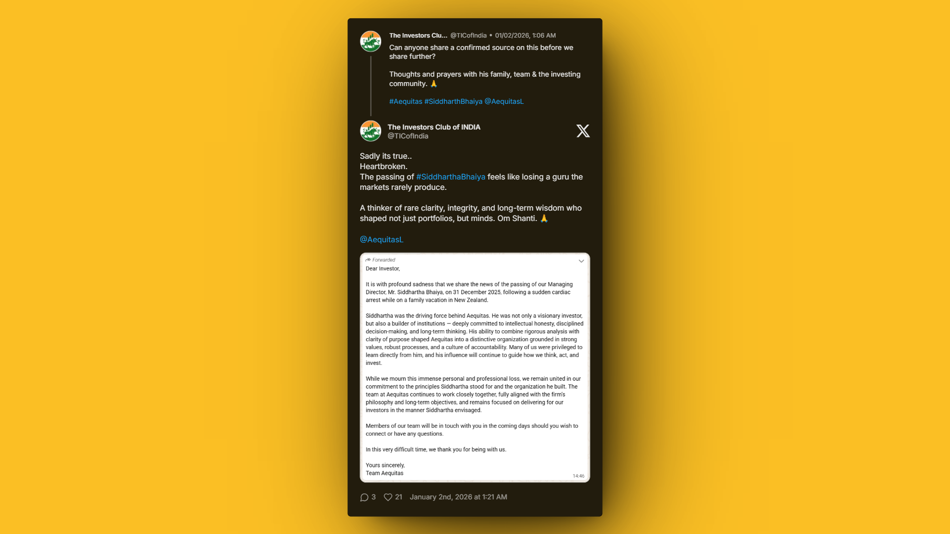 Tribute to Siddhartha Bhaiya after his sudden death highlights health and leadership lessons