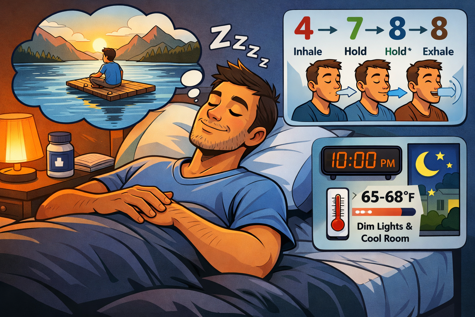 Fast sleep method visualization and breathing exercises