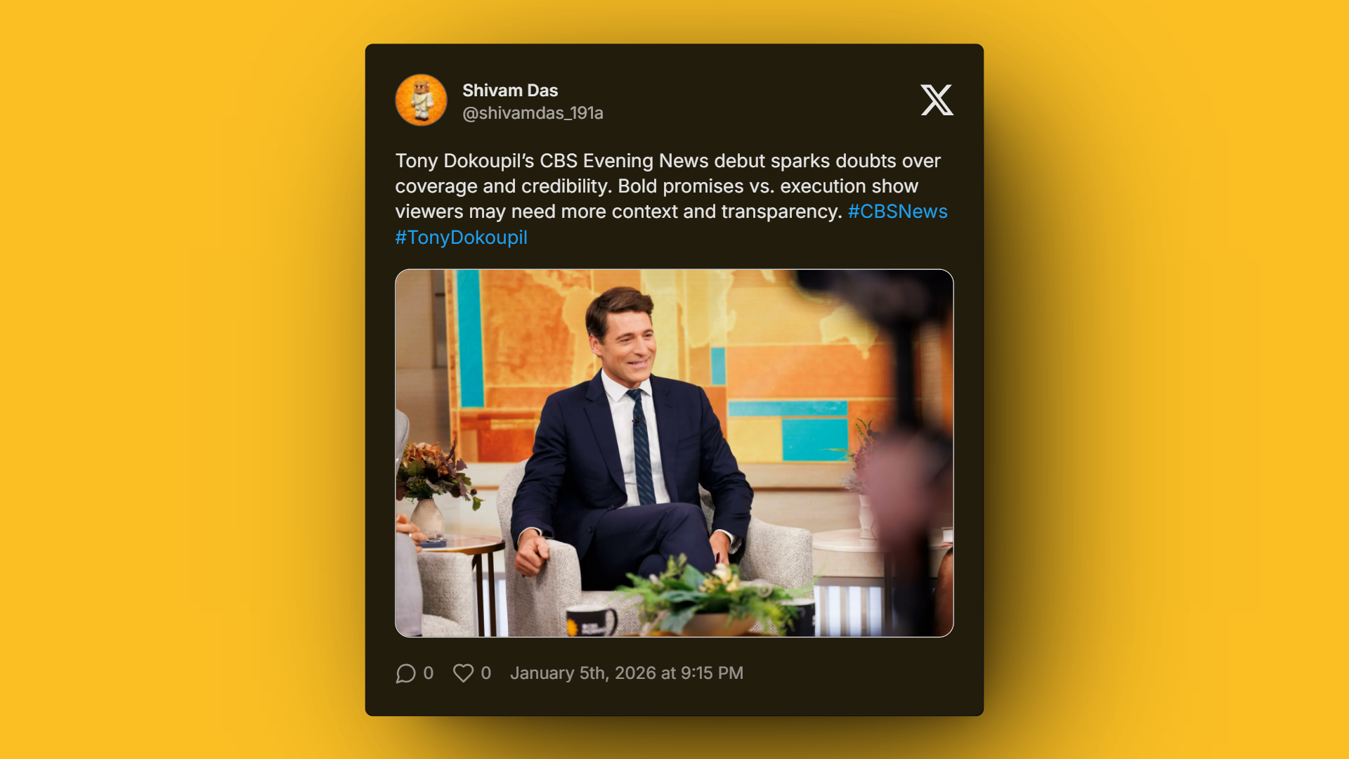 CBS Evening News anchor Tony Dokoupil debut broadcast