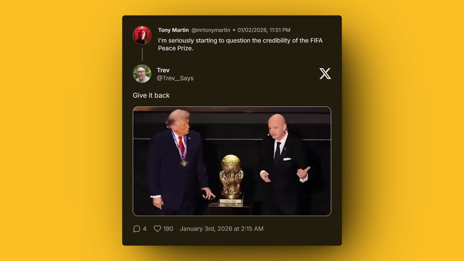 Social media reacts with “Give it back” to Trump FIFA Peace Prize