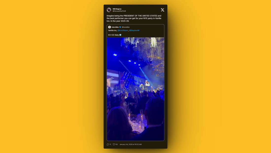 Vanilla Ice performing at Mar-a-Lago NYE 2025 as President Trump watches