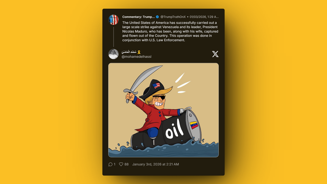 Satirical illustration criticizing U.S. military strike in Venezuela