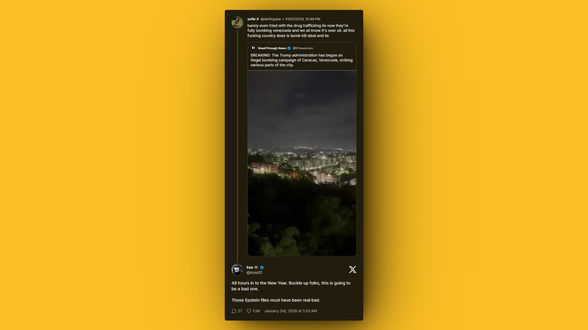 Jeffrey Epstein files discussion and Venezuela capture reaction