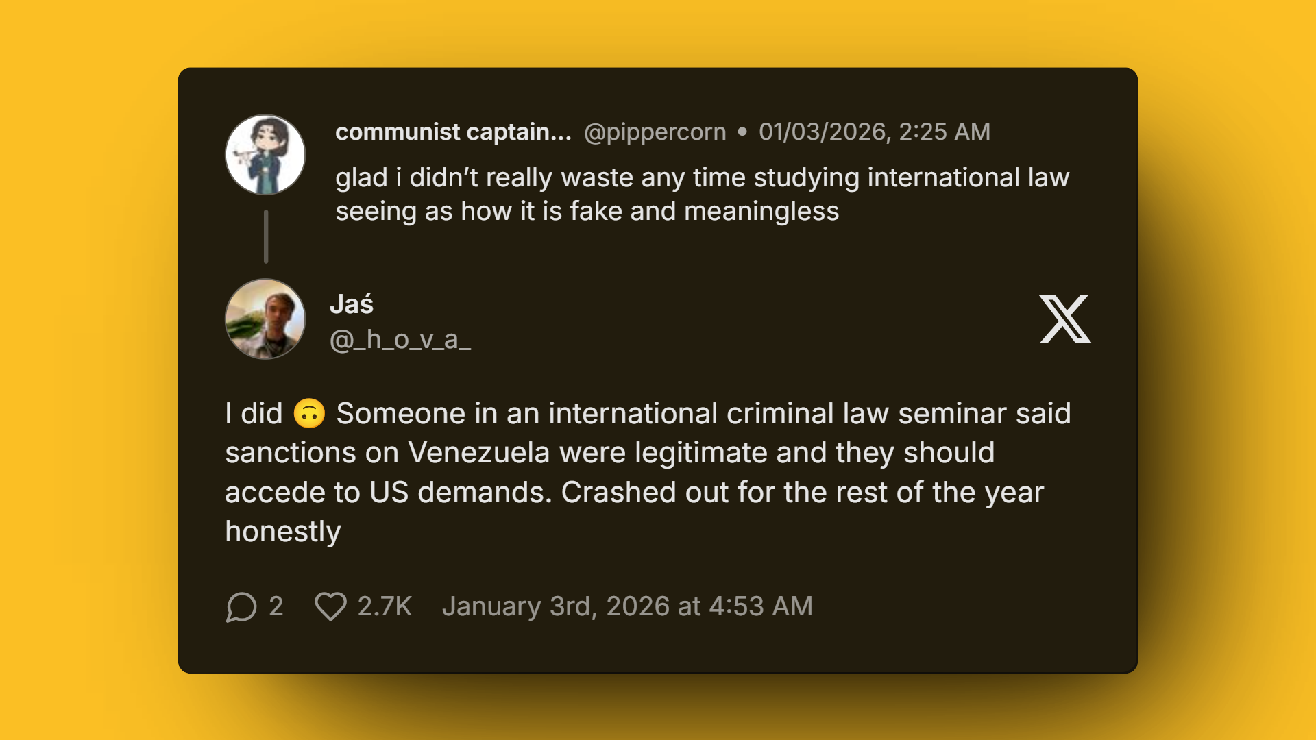 Twitter discussion on Venezuela sanctions and international law disillusionment