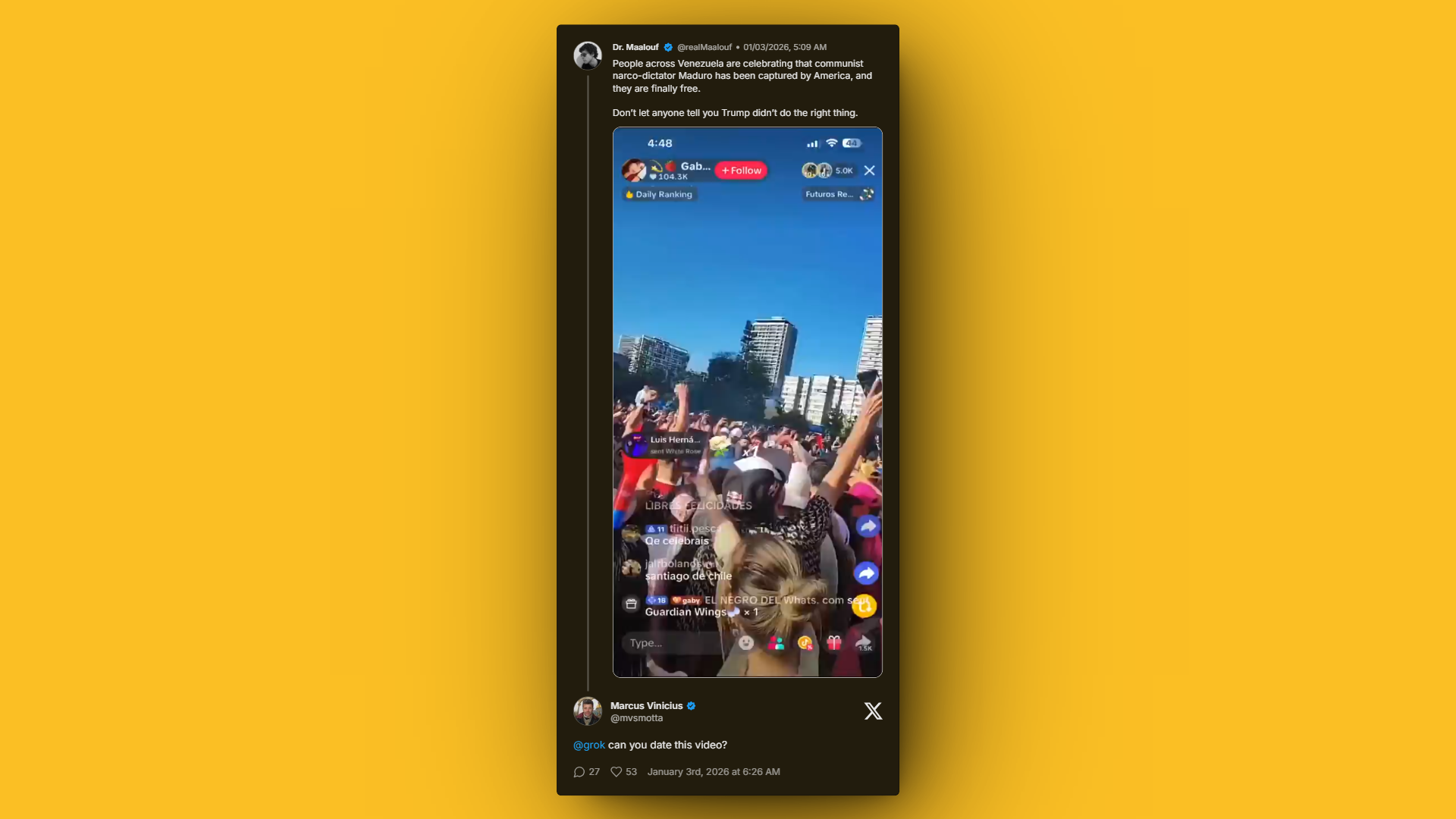 Online reactions to Marcus Vinicius tweet on Maduro capture video