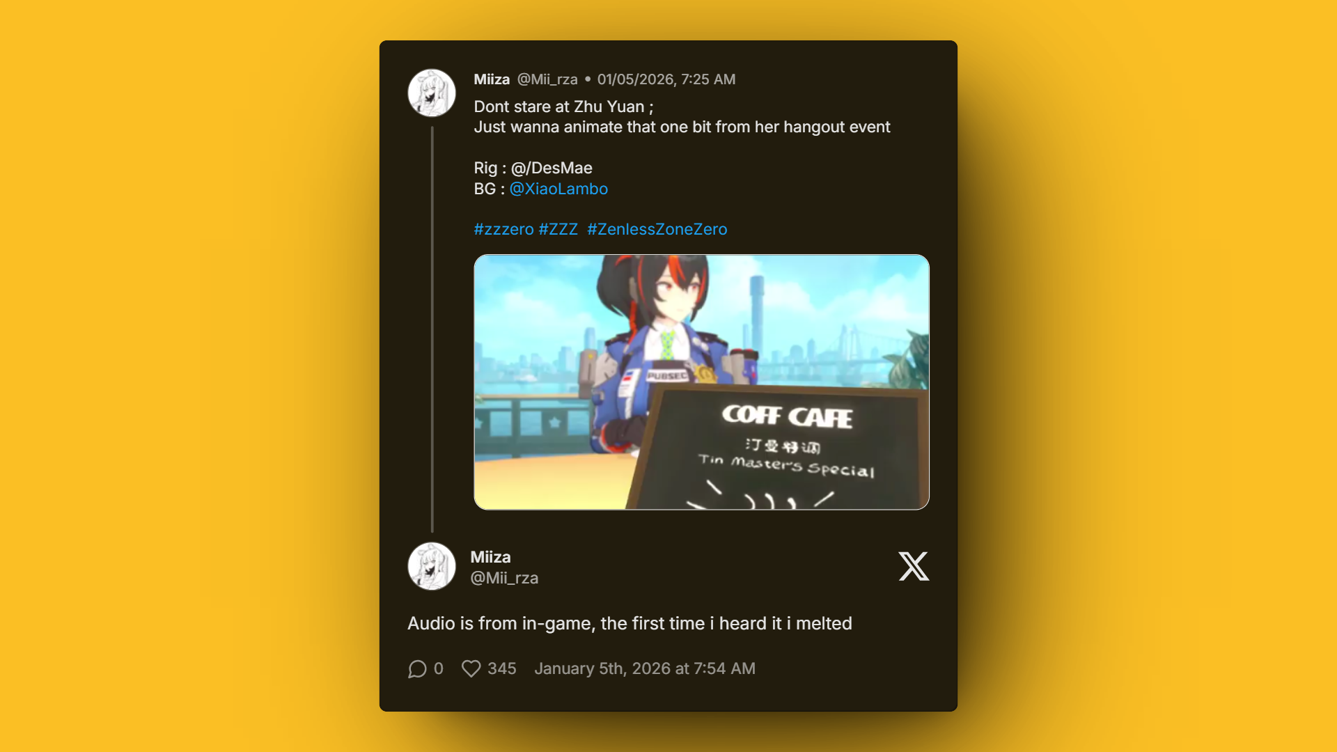 Fan-favorite Zenless Zone Zero character Zhu Yuan animated by Miiza.