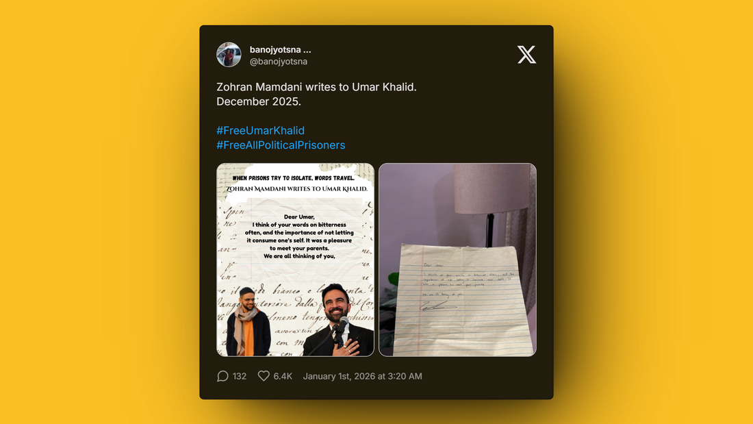 Handwritten letter from NYC Mayor Mamdani to Indian activist Khalid